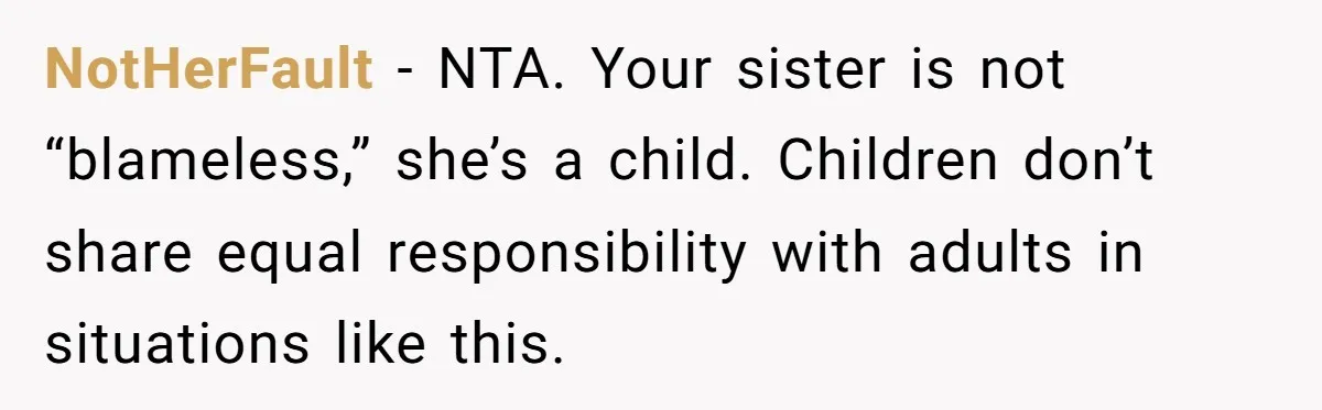 NotHerFault - NTA. Your sister is not “blameless,” she’s a child. Children don’t share equal responsibility with adults in situations like this.