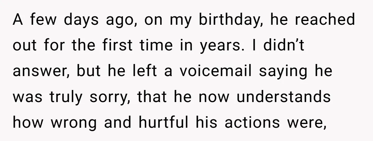 A few days ago, on my birthday, he reached out for the first time in years. I didn’t answer, but he left a voicemail saying he was truly sorry, that...
