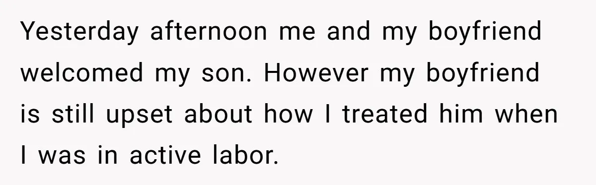 Yesterday afternoon me and my boyfriend welcomed my son. However my boyfriend is still upset about how I treated him when I was in active labor.