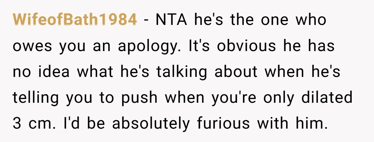 WifeofBath1984 − NTA he's the one who owes you an apology. It's obvious he has no idea what he's talking about when he's telling you to push when you're only...