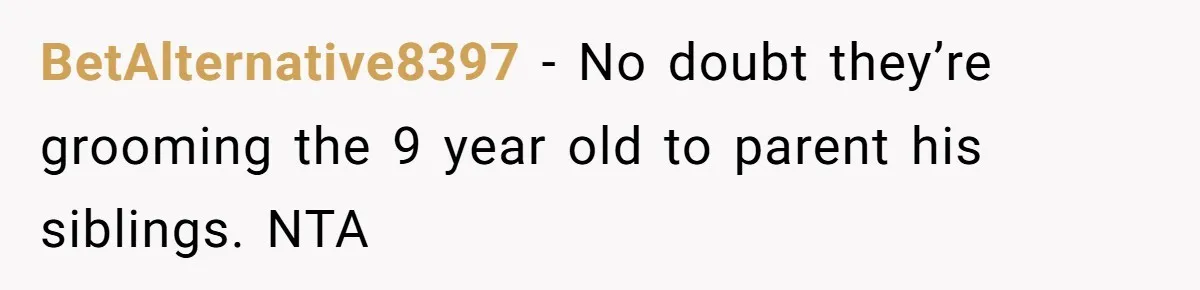BetAlternative8397 − No doubt they’re grooming the 9 year old to parent his siblings. NTA
