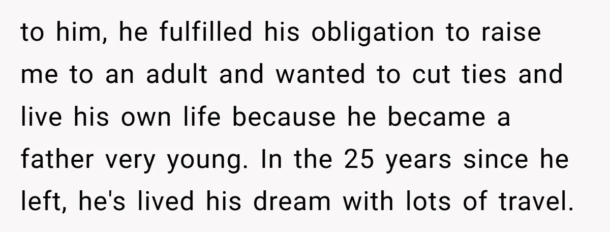 to him, he fulfilled his obligation to raise me to an adult and wanted to cut ties and live his own life because he became a father very young. In...