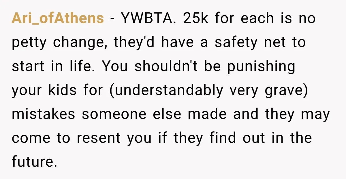 Ari_ofAthens − YWBTA. 25k for each is no petty change, they'd have a safety net to start in life. You shouldn't be punishing your kids for (understandably very grave) mistakes...