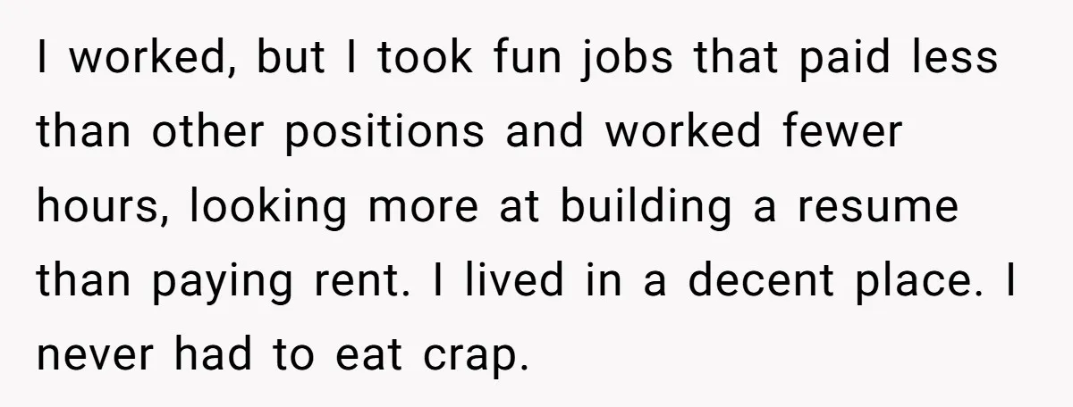 I worked, but I took fun jobs that paid less than other positions and worked fewer hours, looking more at building a resume than paying rent. I lived in a...