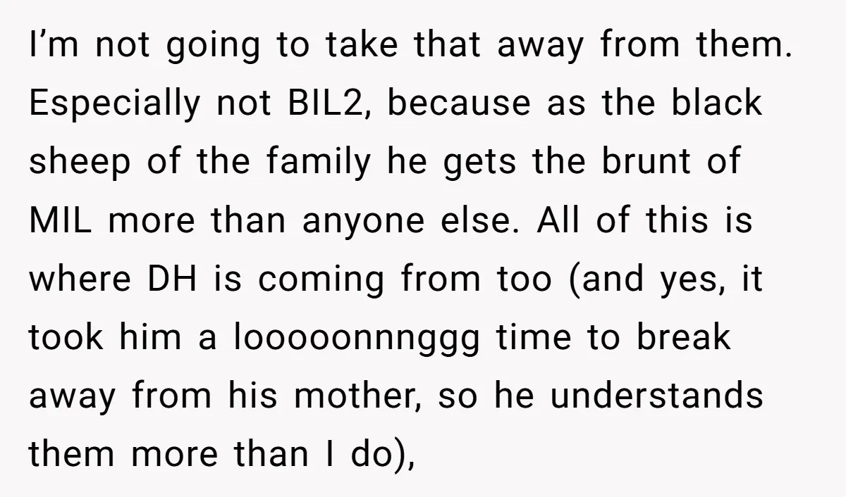 I’m not going to take that away from them. Especially not BIL2, because as the black sheep of the family he gets the brunt of MIL more than anyone else....