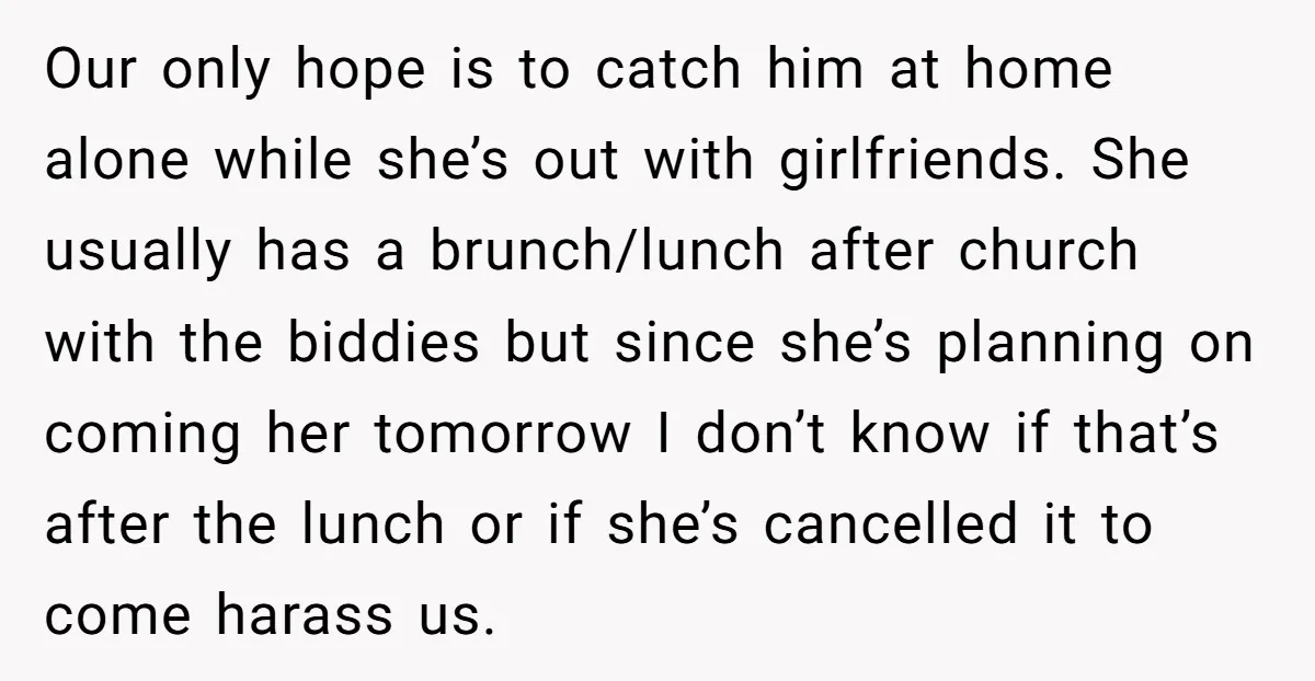 Our only hope is to catch him at home alone while she’s out with girlfriends. She usually has a brunch/lunch after church with the biddies but since she’s planning on...