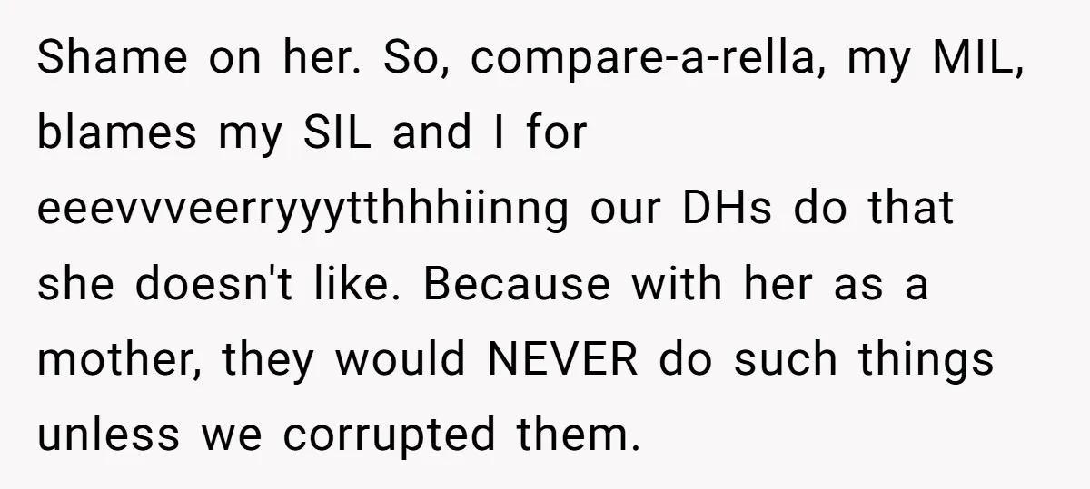 Shame on her. So, compare-a-rella, my MIL, blames my SIL and I for eeevvveerryyytthhhiinng our DHs do that she doesn't like. Because with her as a mother, they would NEVER...