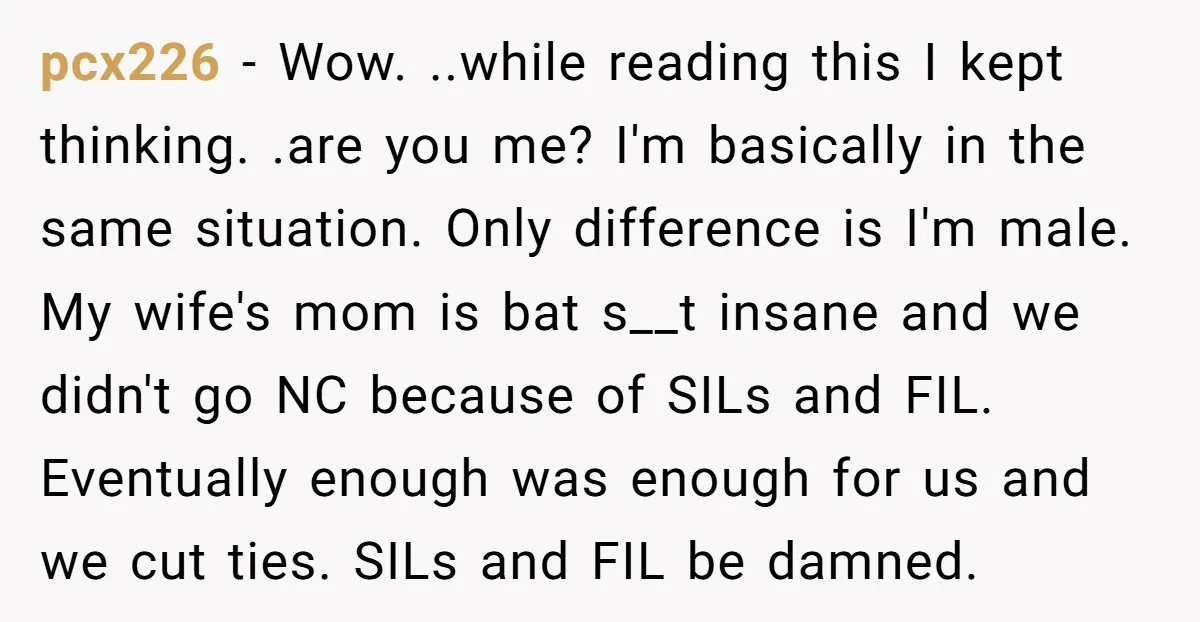 pcx226 − Wow. ..while reading this I kept thinking. .are you me? I'm basically in the same situation. Only difference is I'm male. My wife's mom is bat s__t insane...