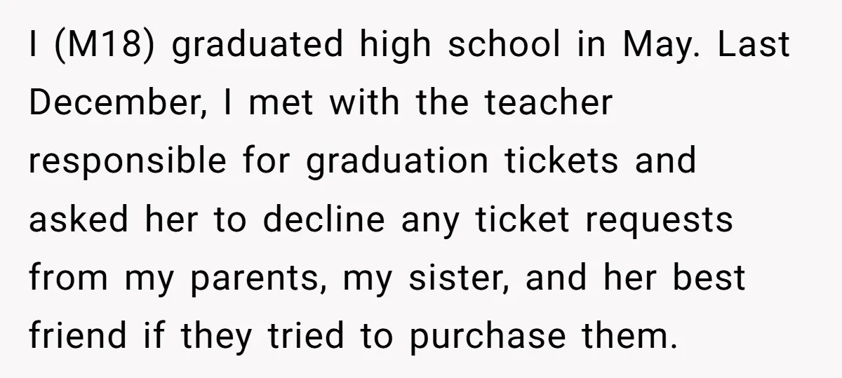 I (M18) graduated high school in May. Last December, I met with the teacher responsible for graduation tickets and asked her to decline any ticket requests from my parents, my...