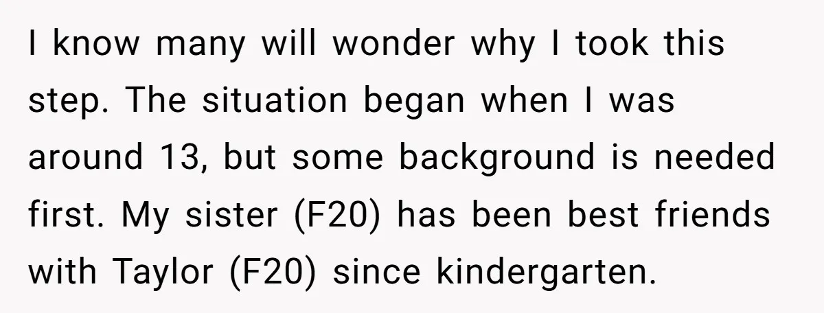 I know many will wonder why I took this step. The situation began when I was around 13, but some background is needed first. My sister (F20) has been best...