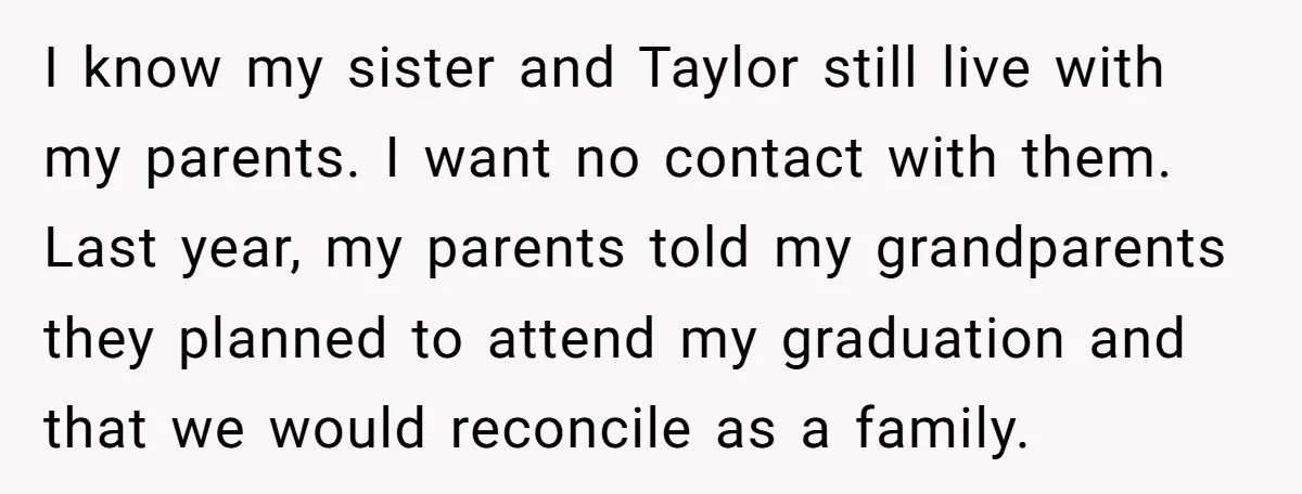 I know my sister and Taylor still live with my parents. I want no contact with them. Last year, my parents told my grandparents they planned to attend my graduation...