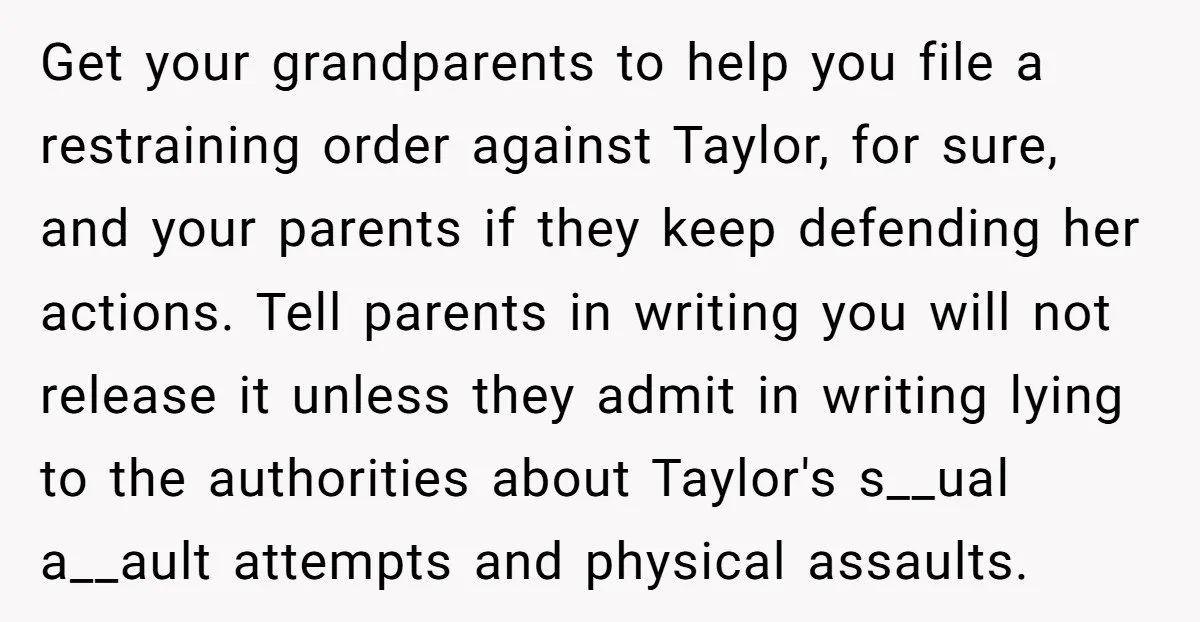Get your grandparents to help you file a restraining order against Taylor, for sure, and your parents if they keep defending her actions. Tell parents in writing you will not...