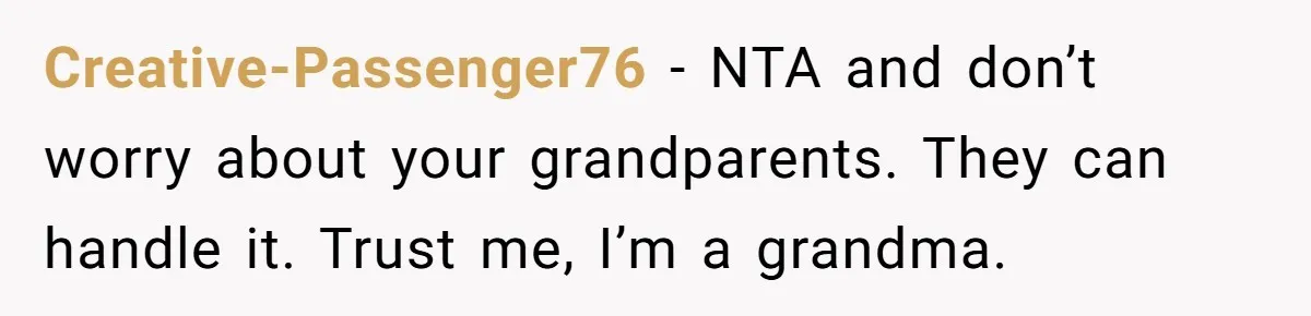 Creative-Passenger76 − NTA and don’t worry about your grandparents. They can handle it. Trust me, I’m a grandma.