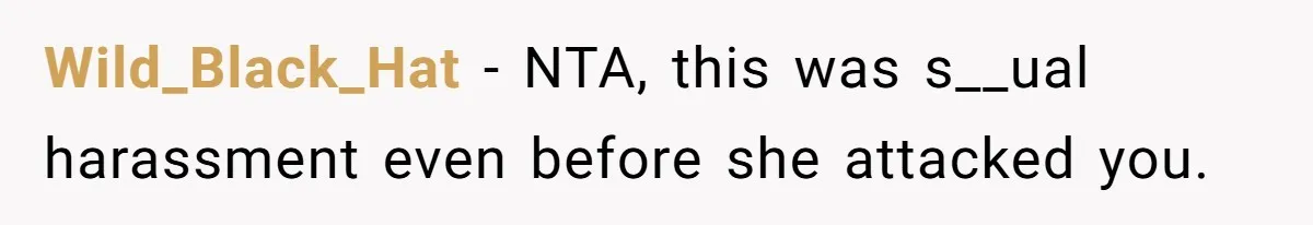 Wild_Black_Hat − NTA, this was s__ual harassment even before she attacked you.