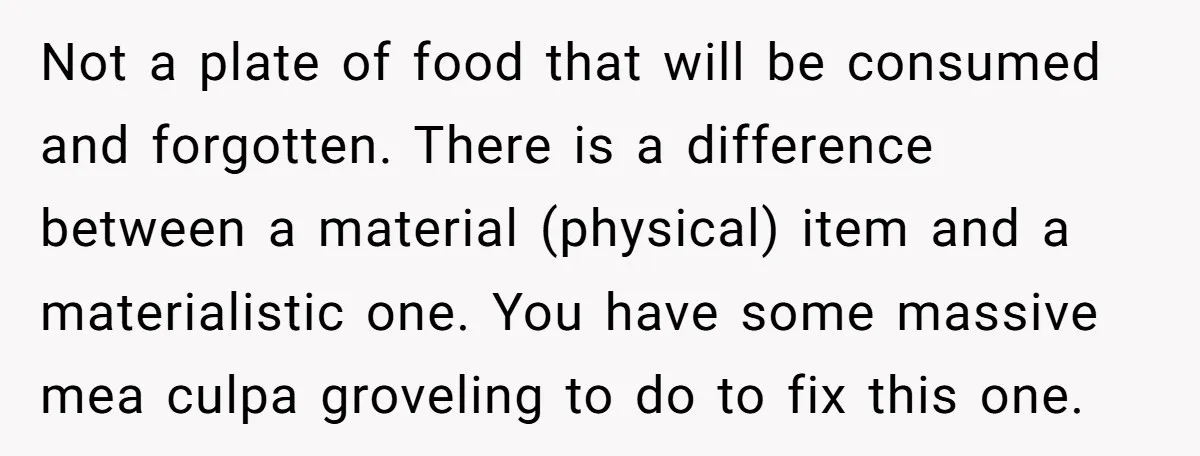 Not a plate of food that will be consumed and forgotten. There is a difference between a material (physical) item and a materialistic one. You have some massive mea culpa...