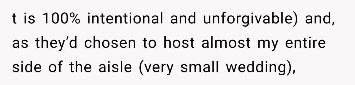 t is 100% intentional and unforgivable) and, as they’d chosen to host almost my entire side of the aisle (very small wedding),