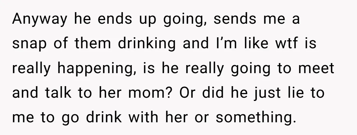 Anyway he ends up going, sends me a snap of them drinking and I’m like wtf is really happening, is he really going to meet and talk to her mom?...