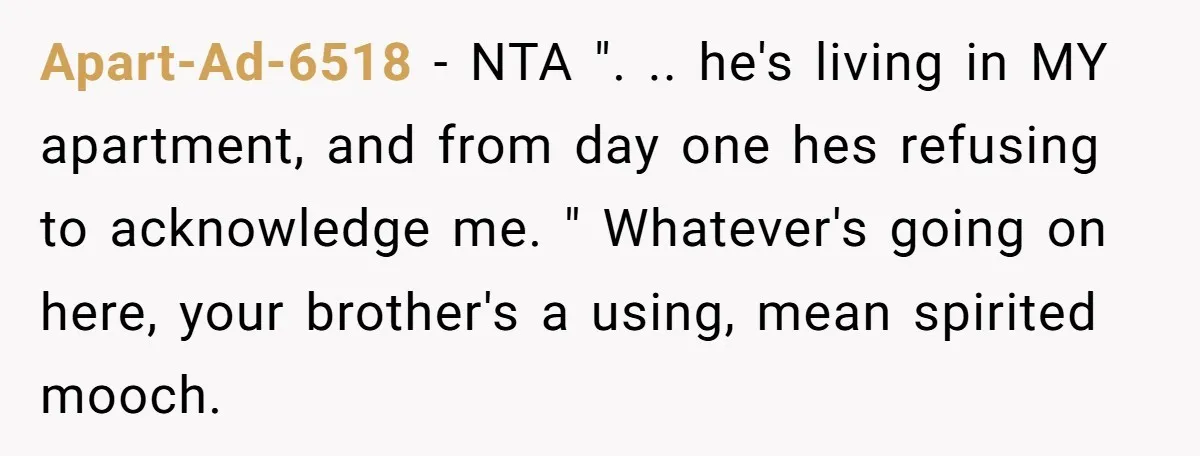 Apart-Ad-6518 − NTA ". .. he's living in MY apartment, and from day one hes refusing to acknowledge me. " Whatever's going on here, your brother's a using, mean spirited...