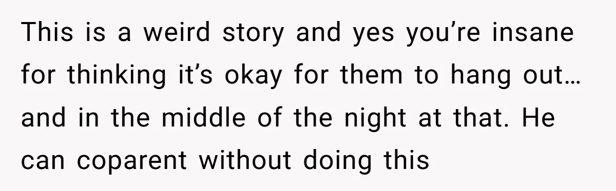 This is a weird story and yes you’re insane for thinking it’s okay for them to hang out…and in the middle of the night at that. He can coparent without...