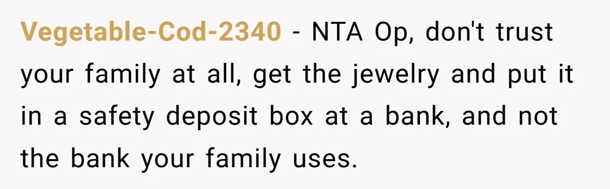 Vegetable-Cod-2340 − NTA Op, don't trust your family at all, get the jewelry and put it in a safety deposit box at a bank, and not the bank your family...