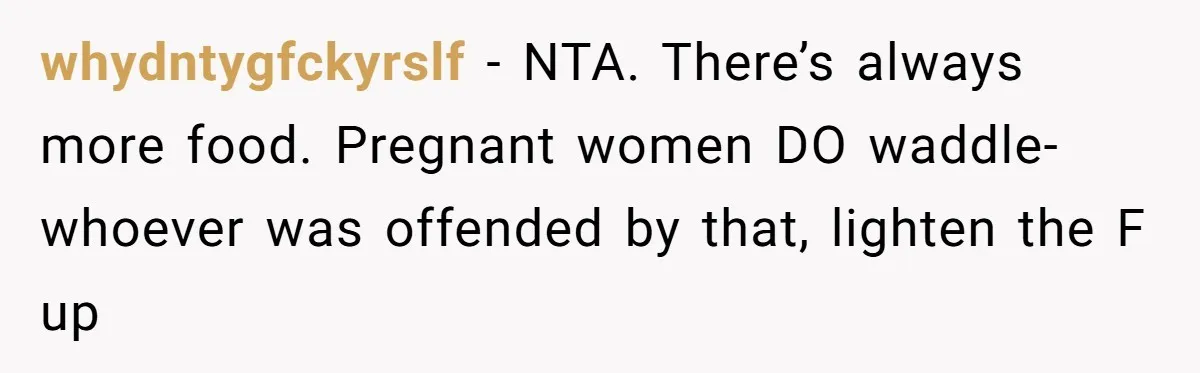 whydntygfckyrslf − NTA. There’s always more food. Pregnant women DO waddle-whoever was offended by that, lighten the F up