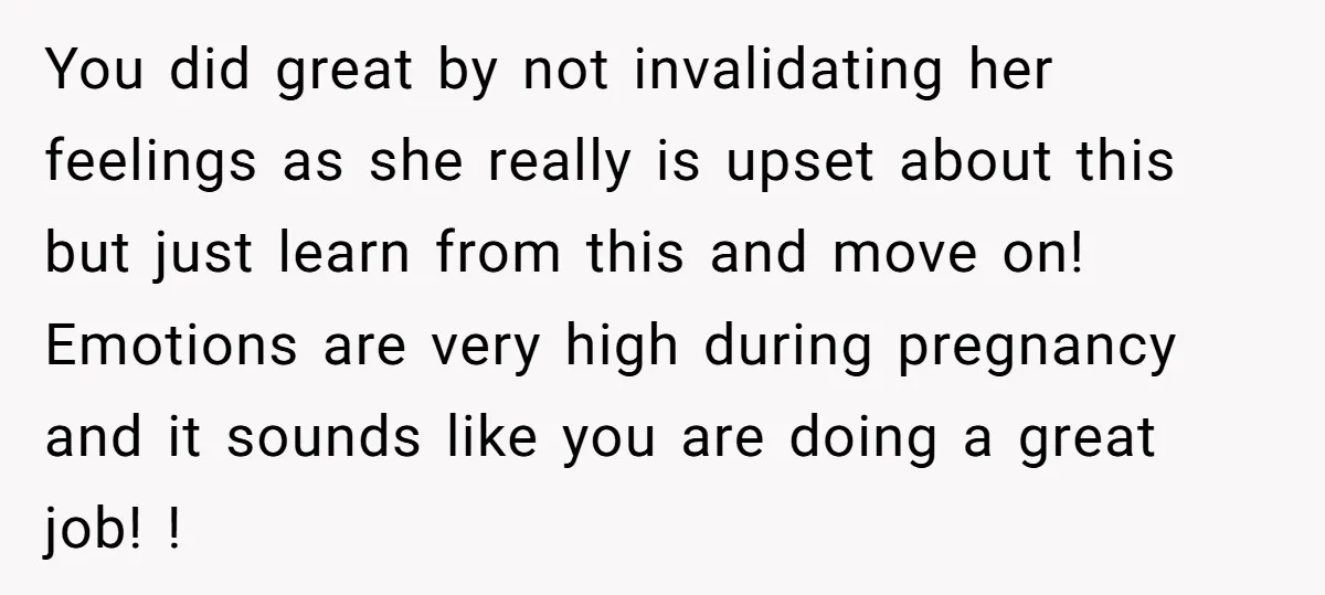 You did great by not invalidating her feelings as she really is upset about this but just learn from this and move on! Emotions are very high during pregnancy and...