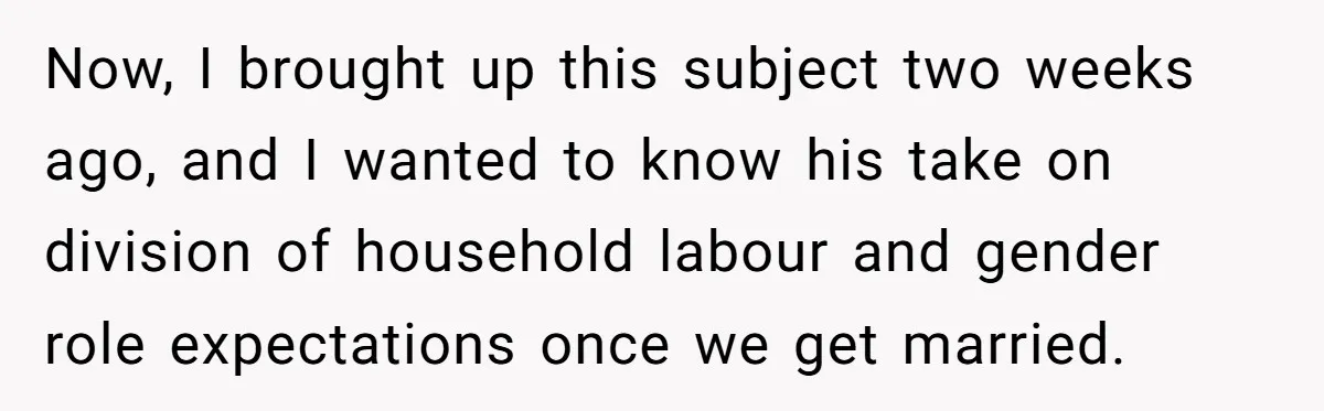 Now, I brought up this subject two weeks ago, and I wanted to know his take on division of household labour and gender role expectations once we get married.