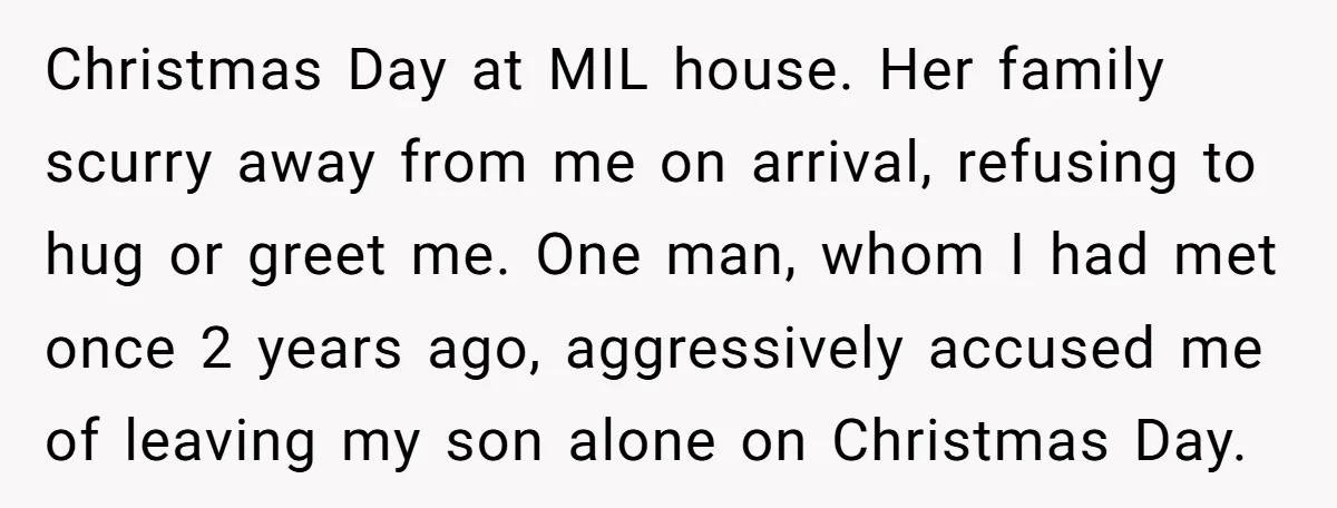 Christmas Day at MIL house. Her family scurry away from me on arrival, refusing to hug or greet me. One man, whom I had met once 2 years ago, aggressively...