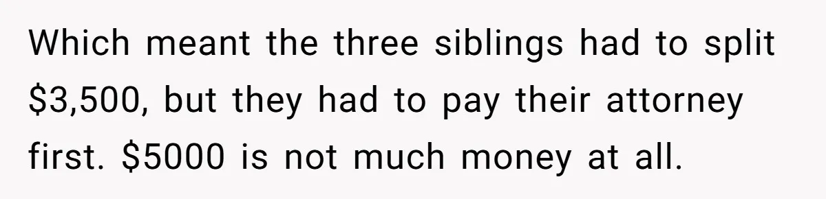 Which meant the three siblings had to split $3,500, but they had to pay their attorney first. $5000 is not much money at all.