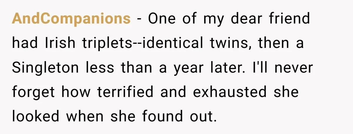 AndCompanions − One of my dear friend had Irish triplets--identical twins, then a Singleton less than a year later. I'll never forget how terrified and exhausted she looked when she...