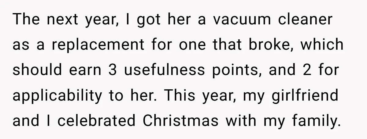The next year, I got her a vacuum cleaner as a replacement for one that broke, which should earn 3 usefulness points, and 2 for applicability to her. This year,...