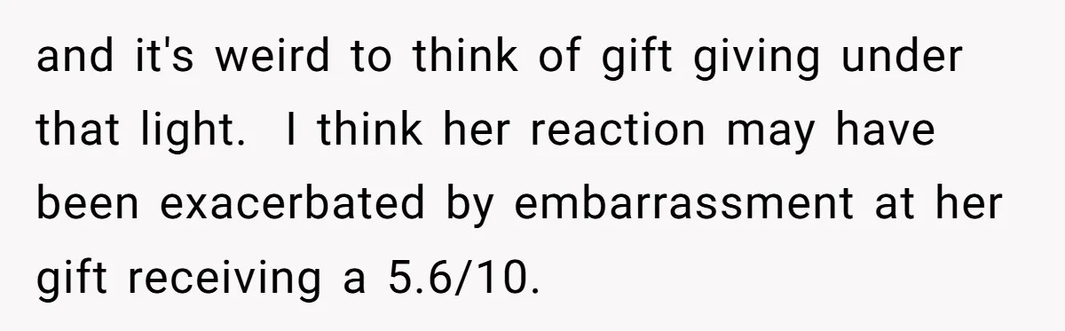and it's weird to think of gift giving under that light.  I think her reaction may have been exacerbated by embarrassment at her gift receiving a 5.6/10.