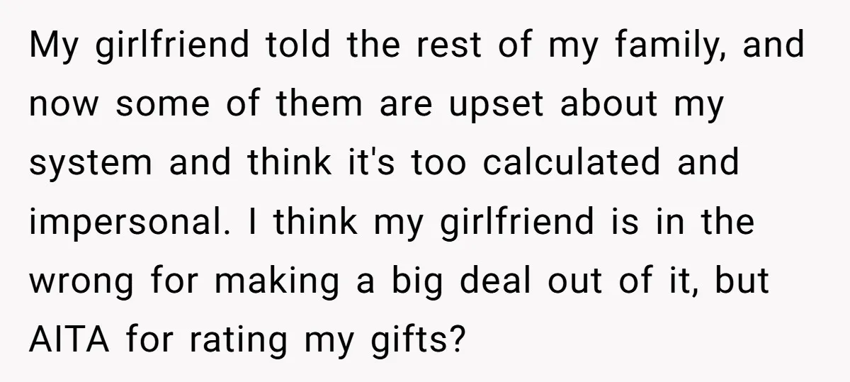 My girlfriend told the rest of my family, and now some of them are upset about my system and think it's too calculated and impersonal. I think my girlfriend is...