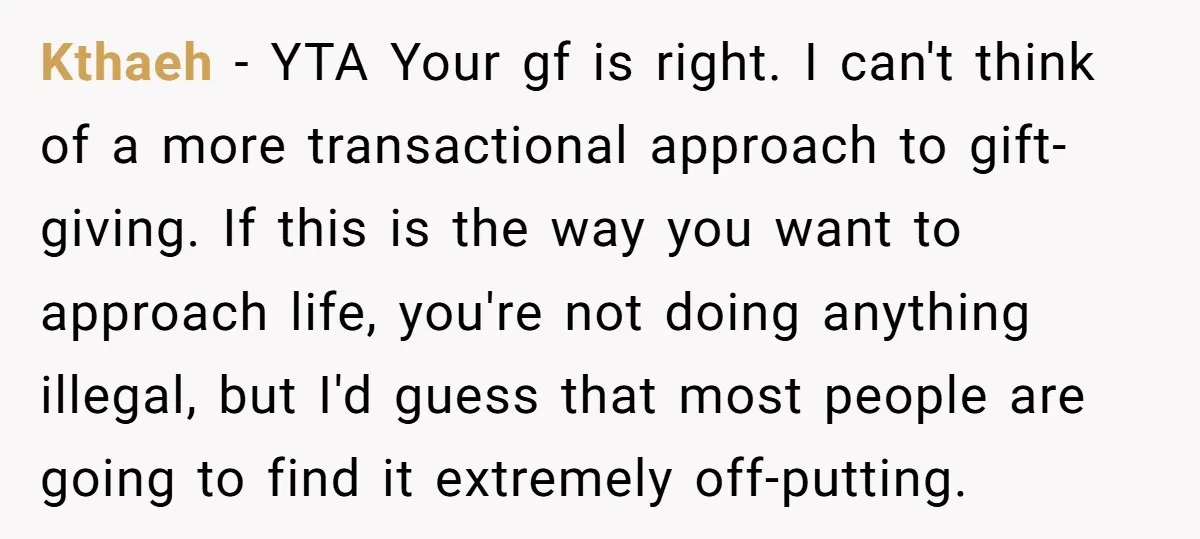 Kthaeh − YTA Your gf is right. I can't think of a more transactional approach to gift-giving. If this is the way you want to approach life, you're not doing...