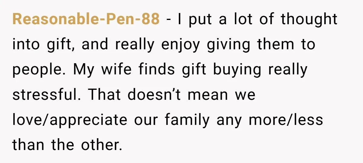 Reasonable-Pen-88 − I put a lot of thought into gift, and really enjoy giving them to people. My wife finds gift buying really stressful. That doesn’t mean we love/appreciate our...