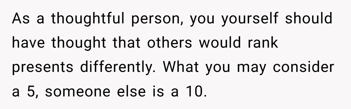 As a thoughtful person, you yourself should have thought that others would rank presents differently. What you may consider a 5, someone else is a 10.