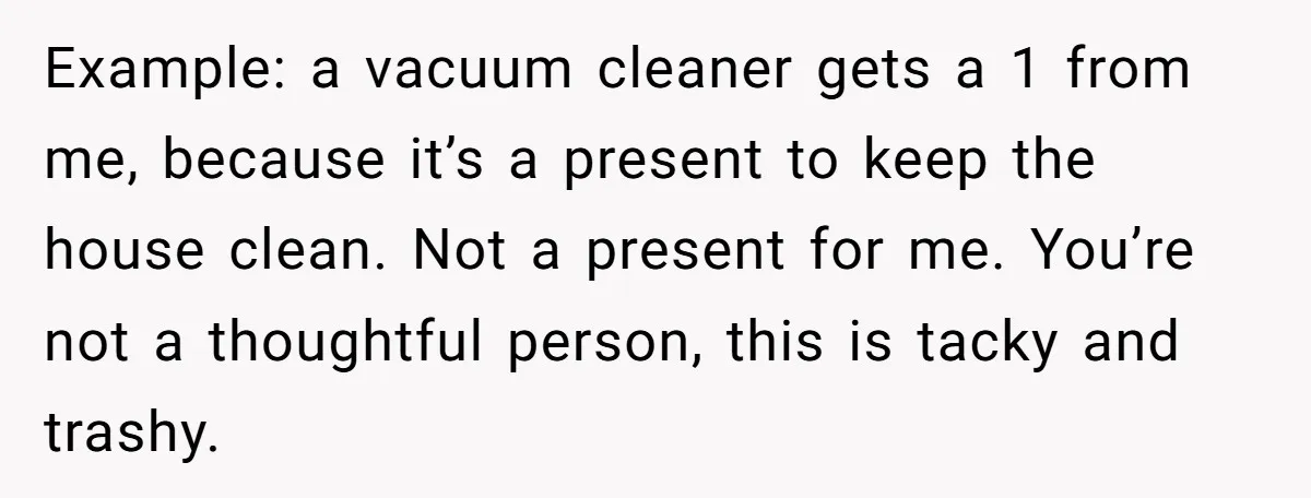 Example: a vacuum cleaner gets a 1 from me, because it’s a present to keep the house clean. Not a present for me. You’re not a thoughtful person, this is...