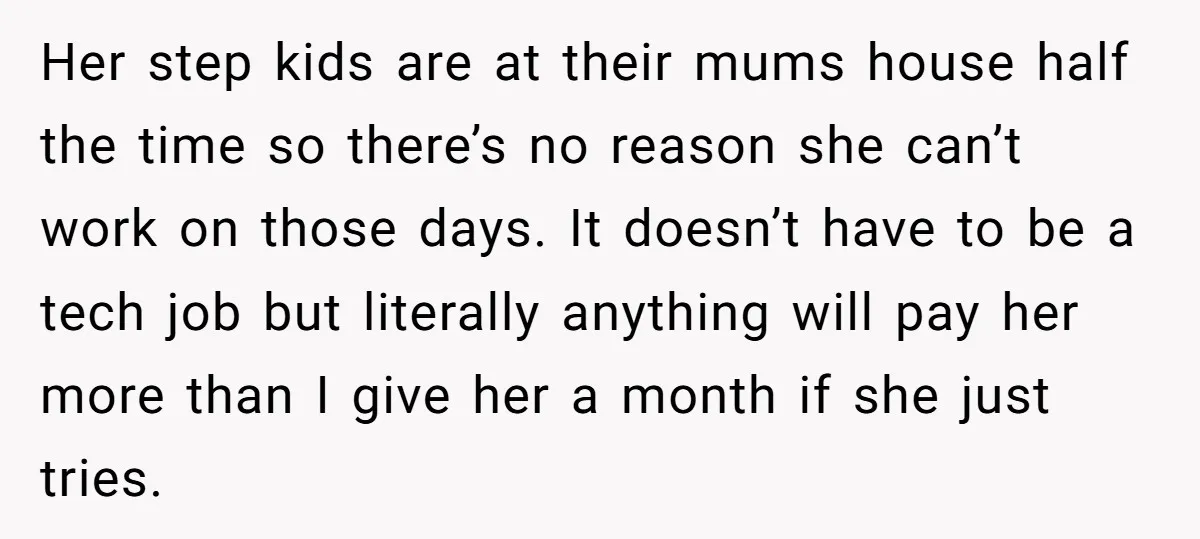 Her step kids are at their mums house half the time so there’s no reason she can’t work on those days. It doesn’t have to be a tech job but...