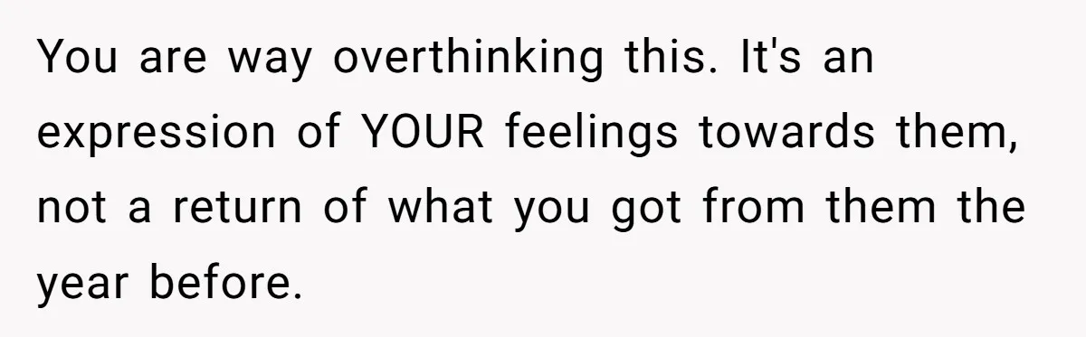You are way overthinking this. It's an expression of YOUR feelings towards them, not a return of what you got from them the year before.