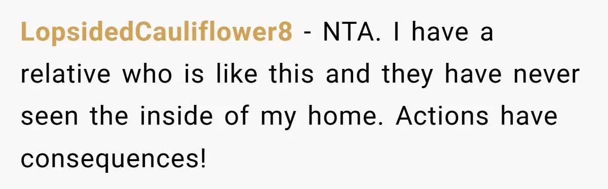 LopsidedCauliflower8 − NTA. I have a relative who is like this and they have never seen the inside of my home. Actions have consequences!