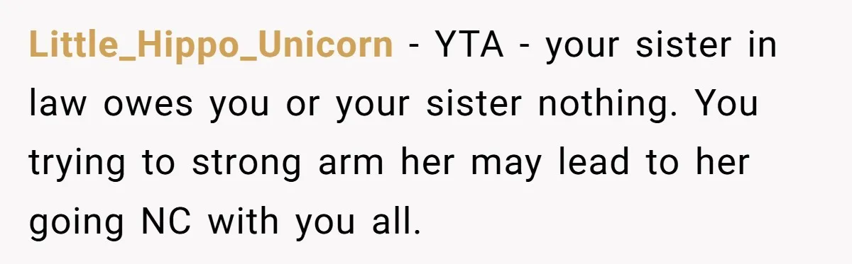 Little_Hippo_Unicorn − YTA - your sister in law owes you or your sister nothing. You trying to strong arm her may lead to her going NC with you all.