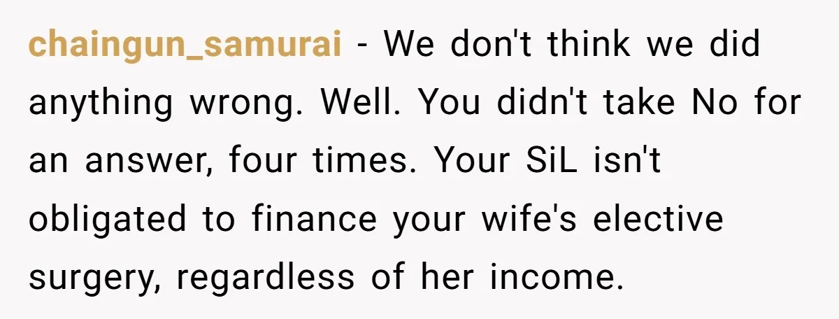 chaingun_samurai − We don't think we did anything wrong. Well. You didn't take No for an answer, four times. Your SiL isn't obligated to finance your wife's elective surgery, regardless...