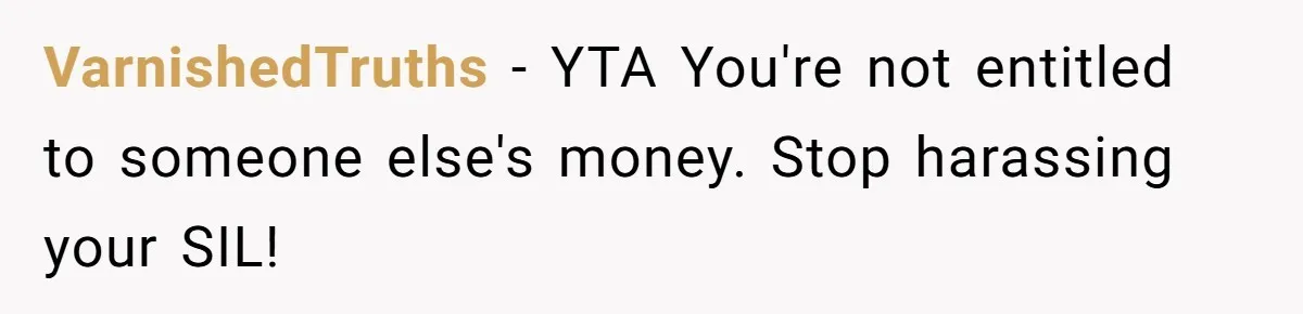 VarnishedTruths − YTA You're not entitled to someone else's money. Stop harassing your SIL!