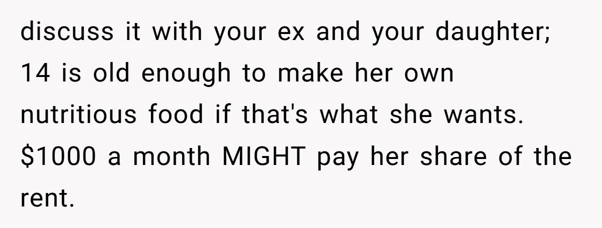 discuss it with your ex and your daughter; 14 is old enough to make her own nutritious food if that's what she wants. $1000 a month MIGHT pay her share...