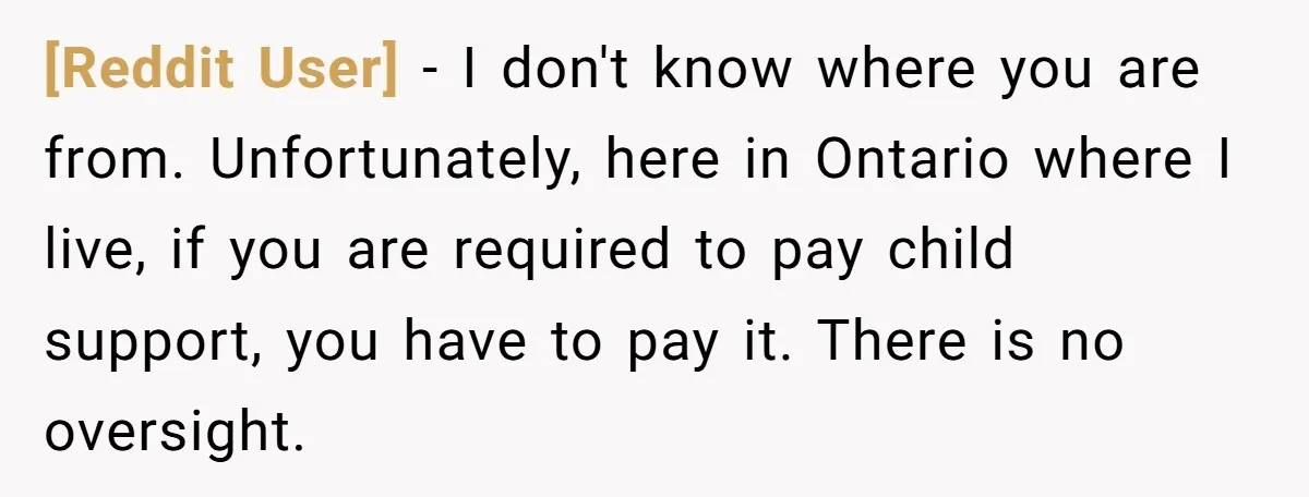 [Reddit User] − I don't know where you are from. Unfortunately, here in Ontario where I live, if you are required to pay child support, you have to pay it....