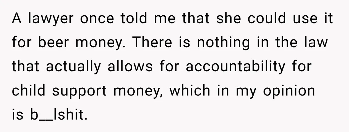 A lawyer once told me that she could use it for beer money. There is nothing in the law that actually allows for accountability for child support money, which in...