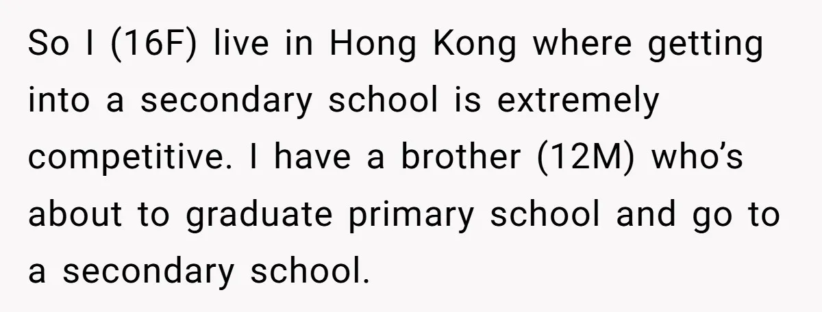 So I (16F) live in Hong Kong where getting into a secondary school is extremely competitive. I have a brother (12M) who’s about to graduate primary school and go to...