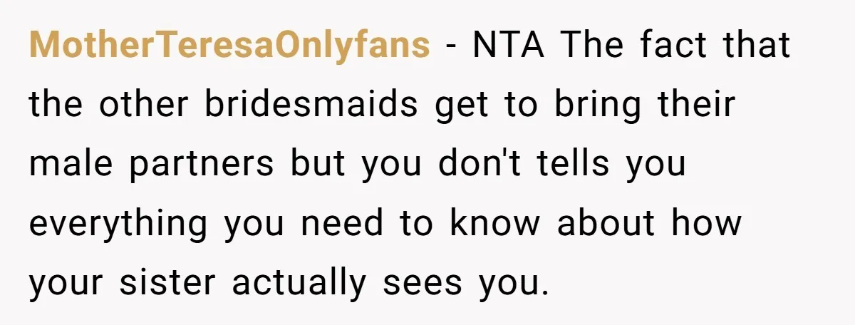 MotherTeresaOnlyfans − NTA The fact that the other bridesmaids get to bring their male partners but you don't tells you everything you need to know about how your sister actually...