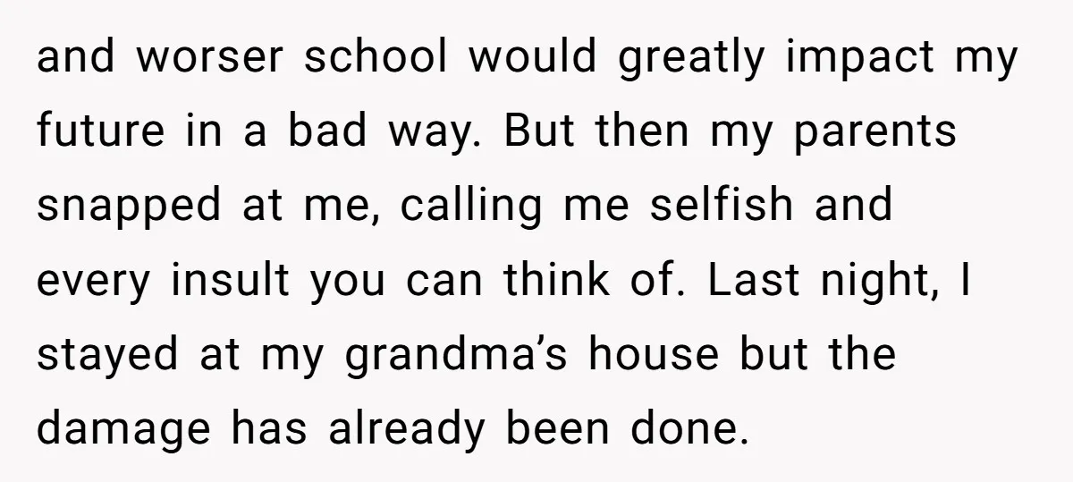 and worser school would greatly impact my future in a bad way. But then my parents snapped at me, calling me selfish and every insult you can think of. Last...