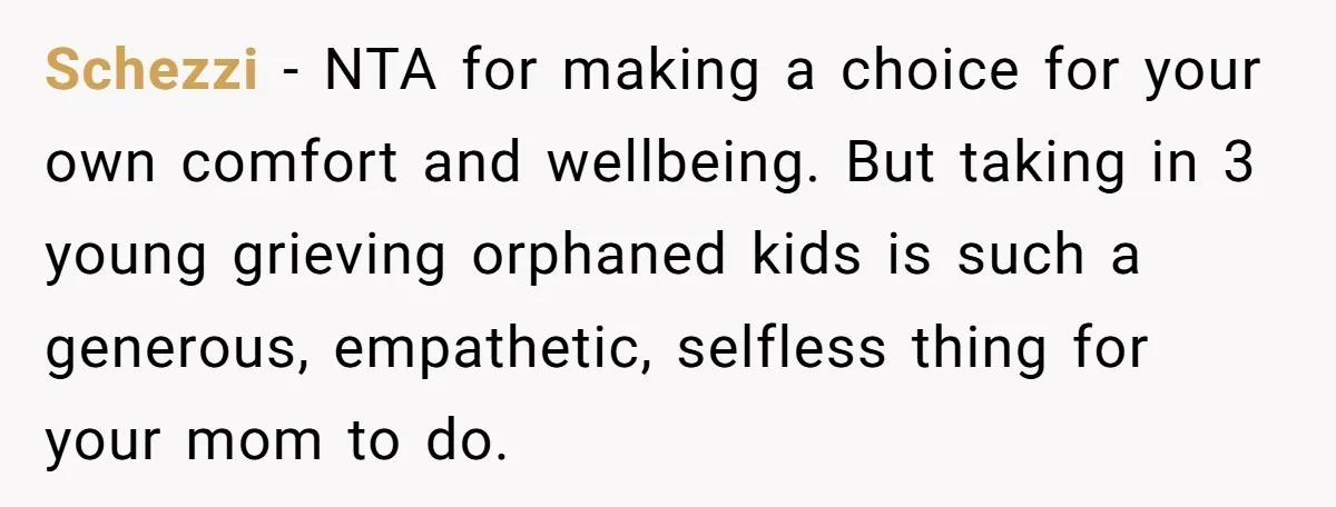 Schezzi − NTA for making a choice for your own comfort and wellbeing. But taking in 3 young grieving orphaned kids is such a generous, empathetic, selfless thing for your...